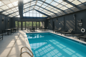 A swimming pool inside a room with a glass ceiling.